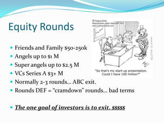 Equity Rounds
 Friends and Family $50-250k
 Angels up to $1 M
 Super angels up to $2.5 M
 VCs Series A $3+ M
 Normally 2-3 rounds… ABC exit.
 Rounds DEF = “cramdown” rounds… bad terms


 The one goal of investors is to exit. $$$$$
 