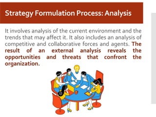 Strategy Formulation Process:Analysis
It involves analysis of the current environment and the
trends that may affect it. It also includes an analysis of
competitive and collaborative forces and agents. The
result of an external analysis reveals the
opportunities and threats that confront the
organization.
 