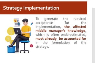 Strategy Implementation
To generate the required
acceptance for the
implementation, the affected
middle manager’s knowledge,
which is often underestimated,
must already be accounted for
in the formulation of the
strategy.
 