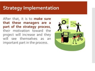Strategy Implementation
After that, it is to make sure
that these managers are a
part of the strategy process,
their motivation toward the
project will increase and they
will see themselves as an
important part in the process.
 