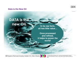 9
IBM Systems Technical University, October 5-9 | Hilton Orlando
© Copyright IBM Corporation 2015. Technical University/Symposia materials
may not be reproduced in whole or in part without the prior written permission of
IBM.
Data is the New Oil
DATA is the
new OIL In its raw form,
oil has little value…
Once processed
and refined,
it helps to power the
world!
 