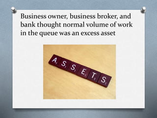 Business owner, business broker, and
bank thought normal volume of work
in the queue was an excess asset
 