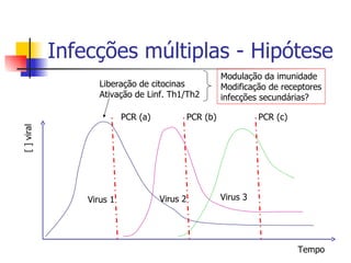Infecções múltiplas - Hipótese Virus 1 Virus 3 Virus 2 Tempo PCR (a) [ ] viral Liberação de citocinas Ativação de Linf. Th1/Th2 Modulação da imunidade Modificação de receptores infecções secundárias? PCR (c) PCR (b) 