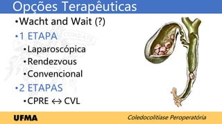 Coledocolitíase Peroperatória
Opções Terapêuticas
•Wacht and Wait (?)
•1 ETAPA
•Laparoscópica
•Rendezvous
•Convencional
•2 ETAPAS
•CPRE ↔ CVL
 