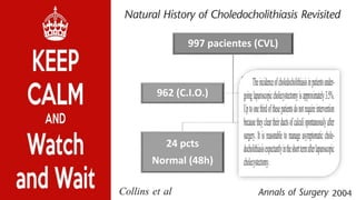 997 pacientes (CVL)
24 pcts
Normal (48h)
22 pcts (2.2%)
Sintomáticos
962 (C.I.O.)
46 (4.6%)
Coledocolitíase
 