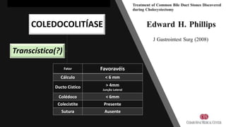 Fator Favoravéis
Cálculo < 6 mm
Ducto Cístico > 4mm
Junção Lateral
Colédoco < 6mm
Colecistite Presente
Sutura Ausente
 