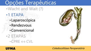 Coledocolitíase Peroperatória
Laparoscópica x Endoscópica
Via Laparoscópica
•30% dos Casos
•1/3 dos Cirurgiões
*Taxa de Co...