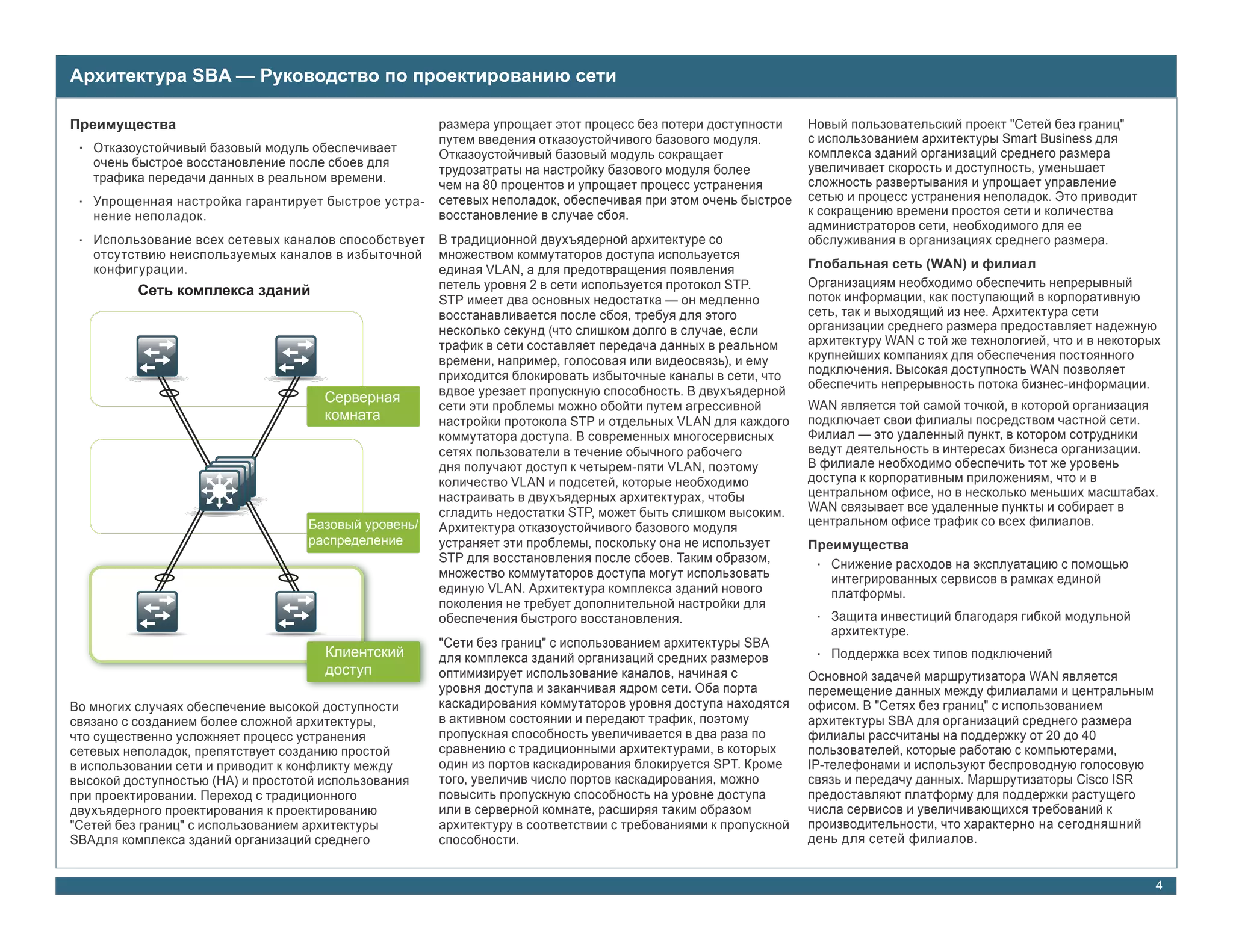 Архитектура SBA — Руководство по проектированию сети

Преимущества                                          размера упрощает этот процесс без потери доступности     Новый пользовательский проект "Сетей без границ"
                                                      путем введения отказоустойчивого базового модуля.        с использованием архитектуры Smart Business для
 • Отказоустойчивый базовый модуль обеспечивает       Отказоустойчивый базовый модуль сокращает                комплекса зданий организаций среднего размера
   очень быстрое восстановление после сбоев для                                                                увеличивает скорость и доступность, уменьшает
                                                      трудозатраты на настройку базового модуля более
   трафика передачи данных в реальном времени.                                                                 сложность развертывания и упрощает управление
                                                      чем на 80 процентов и упрощает процесс устранения
 • Упрощенная настройка гарантирует быстрое устра-    сетевых неполадок, обеспечивая при этом очень быстрое    сетью и процесс устранения неполадок. Это приводит
   нение неполадок.                                   восстановление в случае сбоя.                            к сокращению времени простоя сети и количества
                                                                                                               администраторов сети, необходимого для ее
 • Использование всех сетевых каналов способствует    В традиционной двухъядерной архитектуре со               обслуживания в организациях среднего размера.
   отсутствию неиспользуемых каналов в избыточной     множеством коммутаторов доступа используется
   конфигурации.                                      единая VLAN, а для предотвращения появления              Глобальная сеть (WAN) и филиал
                                                      петель уровня 2 в сети используется протокол STP.        Организациям необходимо обеспечить непрерывный
          Сеть комплекса зданий                                                                                поток информации, как поступающий в корпоративную
                                                      STP имеет два основных недостатка — он медленно
                                                      восстанавливается после сбоя, требуя для этого           сеть, так и выходящий из нее. Архитектура сети
                                                      несколько секунд (что слишком долго в случае, если       организации среднего размера предоставляет надежную
                                                      трафик в сети составляет передача данных в реальном      архитектуру WAN с той же технологией, что и в некоторых
                                                      времени, например, голосовая или видеосвязь), и ему      крупнейших компаниях для обеспечения постоянного
                                                      приходится блокировать избыточные каналы в сети, что     подключения. Высокая доступность WAN позволяет
                                                                                                               обеспечить непрерывность потока бизнес-информации.
                                                      вдвое урезает пропускную способность. В двухъядерной
                                      Серверная
                                                      сети эти проблемы можно обойти путем агрессивной         WAN является той самой точкой, в которой организация
                                      комната         настройки протокола STP и отдельных VLAN для каждого     подключает свои филиалы посредством частной сети.
                                                      коммутатора доступа. В современных многосервисных        Филиал — это удаленный пункт, в котором сотрудники
                                                      сетях пользователи в течение обычного рабочего           ведут деятельность в интересах бизнеса организации.
                                                      дня получают доступ к четырем-пяти VLAN, поэтому         В филиале необходимо обеспечить тот же уровень
                                                      количество VLAN и подсетей, которые необходимо           доступа к корпоративным приложениям, что и в
                                                      настраивать в двухъядерных архитектурах, чтобы           центральном офисе, но в несколько меньших масштабах.
                                                      сгладить недостатки STP, может быть слишком высоким.     WAN связывает все удаленные пункты и собирает в
                                   Базовый уровень/   Архитектура отказоустойчивого базового модуля            центральном офисе трафик со всех филиалов.
                                   распределение      устраняет эти проблемы, поскольку она не использует      Преимущества
                                                      STP для восстановления после сбоев. Таким образом,        • Снижение расходов на эксплуатацию с помощью
                                                      множество коммутаторов доступа могут использовать           интегрированных сервисов в рамках единой
                                                      единую VLAN. Архитектура комплекса зданий нового            платформы.
                                                      поколения не требует дополнительной настройки для
                                                      обеспечения быстрого восстановления.                      • Защита инвестиций благодаря гибкой модульной
                                                                                                                  архитектуре.
                                                      "Сети без границ" с использованием архитектуры SBA
                                      Клиентский      для комплекса зданий организаций средних размеров         • Поддержка всех типов подключений
                                      доступ          оптимизирует использование каналов, начиная с            Основной задачей маршрутизатора WAN является
                                                      уровня доступа и заканчивая ядром сети. Оба порта        перемещение данных между филиалами и центральным
Во многих случаях обеспечение высокой доступности     каскадирования коммутаторов уровня доступа находятся     офисом. В "Сетях без границ" с использованием
связано с созданием более сложной архитектуры,        в активном состоянии и передают трафик, поэтому          архитектуры SBA для организаций среднего размера
что существенно усложняет процесс устранения          пропускная способность увеличивается в два раза по       филиалы рассчитаны на поддержку от 20 до 40
сетевых неполадок, препятствует созданию простой      сравнению с традиционными архитектурами, в которых       пользователей, которые работаю с компьютерами,
в использовании сети и приводит к конфликту между     один из портов каскадирования блокируется SPT. Кроме     IP-телефонами и используют беспроводную голосовую
высокой доступностью (HA) и простотой использования   того, увеличив число портов каскадирования, можно        связь и передачу данных. Маршрутизаторы Cisco ISR
при проектировании. Переход с традиционного           повысить пропускную способность на уровне доступа        предоставляют платформу для поддержки растущего
двухъядерного проектирования к проектированию         или в серверной комнате, расширяя таким образом          числа сервисов и увеличивающихся требований к
"Сетей без границ" с использованием архитектуры       архитектуру в соответствии с требованиями к пропускной   производительности, что характерно на сегодняшний
SBAдля комплекса зданий организаций среднего          способности.                                             день для сетей филиалов.


                                                                                                                                                                     4
 