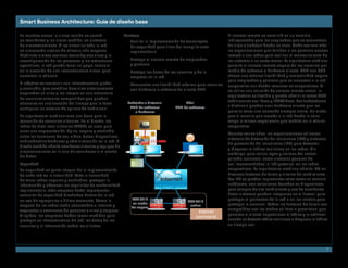 Smart Business Architecture: Guía de diseño base

En muchos casos, la virtualización se centró              Ventajas                                               El acceso remoto se convirtió en un servicio
en servidores y, en cierta medida, en sistemas             •	 Facilita	la	implementación	de	tecnologías	         indispensable para los empleados que se encuentran
de almacenamiento. Si se virtualiza toda la red,              de seguridad para fines del cumplimiento           de viaje o trabajan desde su casa. Cada vez son más
se alcanzarán niveles de eficacia aún mayores.                reglamentaria                                      las organizaciones que brindan a los partners acceso
Mediante ciertos avances tecnológicos clave y la                                                                 remoto a sus redes para realizar el mantenimiento de
reconfiguración de los procesos y las estructuras          •	 Protege	el	acceso	remoto	de	empleados	             los sistemas a un costo menor. La arquitectura mediana
operativos, la red puede tener un papel esencial              y partners                                         permite el acceso remoto seguro de los usuarios por
en la creación de una infraestructura virtual para         •	 Protege	los	datos	de	los	usuarios	y	de	la	         medio de software o hardware cliente. VPN con SSL
aumentar la eficacia.                                         empresa en la red                                  ofrece	una	máxima	flexibilidad	y	conectividad	segura	
                                                                                                                 para empleados y partners que se conectan a la red
El objetivo es construir una infraestructura global        •	 Demuestra	una	flexibilidad	máxima	para	usuarios	   corporativa aun desde recursos no corporativos. Si
y escalable, que combine dominios anteriormente               con hardware o software de cliente VPN             se utiliza una solución de acceso remoto actual, la
separados en silos y los integre en una estructura
                                                                                                                 arquitectura	es	flexible	y	puede	admitir	clientes	VPN	
de servicios virtuales compartidos que puedan
                                                           Trabajador a distancia          Móvil
                                                                                                                 tradicionales	con	IPsec	y	L2TP/IPsec.	Los	trabajadores	
ofrecerse en una fracción del tiempo que le toma
                                                             VPN de software          VPN de software            a distancia pueden usar hardware cliente que les
configurar un entorno de aplicación tradicional.
                                                                o hardware                                       permita	tener	una	conexión	siempre	activa,	de	modo	
La arquitectura mediana crea una base para la                                                                    que el usuario que acceda a la red desde la casa,
ejecución de servicios virtuales. En el diseño, las                                                              tenga	la	misma	experiencia	que	tendría	en	la	oficina	
redes de área local virtuales (VLAN) se usan para                                                                corporativa.
crear una segmentación lógica, segura y confiable
                                                                                                                 Durante	varios	años,	las	organizaciones	utilizaron	
entre las funciones de voz, video, datos, dispositivos
                                                                V                                                sistemas	de	detección	de	intrusiones	(IDS)	y	sistemas	
cableados/inalámbricos	y	administración	en	la	red.	El	                   ASA 5505
                                                                                                                 de prevención de intrusiones (IPS) para detectar
diseño también admite servidores virtuales y equipos de
                                                                                                                 y bloquear el tráfico malicioso en las redes. Sin
almacenamiento en la sala de servidores o el centro
                                                                                                                 embargo, para varias leyes y normas del sector
de datos.
                                                                                                                 privado recientes, estos sistemas pasaron de
Seguridad                                                                                                        ser "recomendados" a "obligatorios" en las redes
La seguridad es parte integral de la implementación                                                              corporativas. La arquitectura mediana admite IPS en
de cada red en la actualidad. Ante la necesidad                                                                  diversos factores de forma y niveles de rendimiento.
de tener redes seguras y confiables, proteger la                                Internet                         Los IPS se pueden implementar solos como un servicio
información y observar los requisitos de conformidad                                                             autónomo, con soluciones basadas en dispositivos
reglamentaria, toda empresa debe implementar                                                                     para campus de alto rendimiento y uso de servidores.
servicios de seguridad diseñados dentro de la red,                                                               Estos sistemas pueden integrarse en el firewall para
en vez de agregarlos a último momento. Como la               ASA 5510
                                                                                             ASA 5510
                                                                                                                 proteger el perímetro de la red o en los routers para
                                                              en modo                                            proteger	la	sucursal.	Todos	los	factores	de	forma	son	
mayoría de las redes están conectadas a Internet y           de espera
                                                                                              activo
expuestas	a	amenazas	de	gusanos	o	virus	y	ataques	                                                               compatibles con los modos en línea o promiscuo, que
                                                                                                  Internet
dirigidos, las empresas deben tomar medidas para                                                                 permiten al cliente inspeccionar el tráfico y le notifican
                                                                                                 perimetral
proteger su infraestructura de red, los datos de los                                                             cuando se detecta tráfico malicioso o bloquean el tráfico
usuarios y la información sobre los clientes.                                                                    en tiempo real.




                                                                                                                                                                         7
 