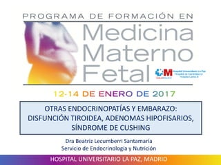 OTRAS ENDOCRINOPATÍAS Y EMBARAZO:
DISFUNCIÓN TIROIDEA, ADENOMAS HIPOFISARIOS,
SÍNDROME DE CUSHING
Dra Beatriz Lecumberri Santamaría
Servicio de Endocrinología y Nutrición
HOSPITAL UNIVERSITARIO LA PAZ, MADRID
 