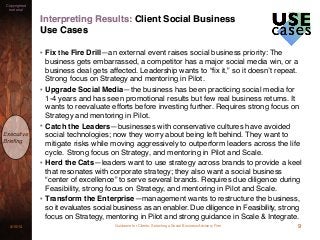 Guidance for Clients: Selecting a Social Business Advisory Firm3/15/13
Copyrighted
material
Executive
Brieﬁng
Interpreting Results: Client Social Business
Use Cases
• Fix the Fire Drill—an external event raises social business priority: The
business gets embarrassed, a competitor has a major social media win, or a
business deal gets affected. Leadership wants to “ﬁx it,” so it doesn’t repeat.
Strong focus on Strategy and mentoring in Pilot.
• Upgrade Social Media—the business has been practicing social media for
1-4 years and has seen promotional results but few real business returns. It
wants to reevaluate efforts before investing further. Requires strong focus on
Strategy and mentoring in Pilot.
• Catch the Leaders—businesses with conservative cultures have avoided
social technologies; now they worry about being left behind. They want to
mitigate risks while moving aggressively to outperform leaders across the life
cycle. Strong focus on Strategy, and mentoring in Pilot and Scale.
• Herd the Cats—leaders want to use strategy across brands to provide a keel
that resonates with corporate strategy; they also want a social business
“center of excellence” to serve several brands. Requires due diligence during
Feasibility, strong focus on Strategy, and mentoring in Pilot and Scale.
• Transform the Enterprise—management wants to restructure the business,
so it evaluates social business as an enabler. Due diligence in Feasibility, strong
focus on Strategy, mentoring in Pilot and strong guidance in Scale & Integrate.
9
 