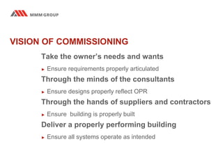 VISION OF COMMISSIONING
Take the owner’s needs and wants
► Ensure requirements properly articulated
Through the minds of the consultants
► Ensure designs properly reflect OPR
Through the hands of suppliers and contractors
► Ensure building is properly built
Deliver a properly performing building
► Ensure all systems operate as intended
 