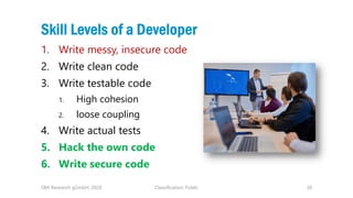 Classification: Public 28
Skill Levels of a Developer
1. Write messy, insecure code
2. Write clean code
3. Write testable ...