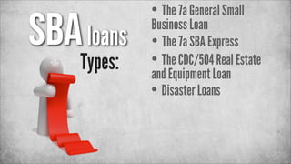 SBA loans
Types:

• The 7a General Small

Business Loan
• The 7a SBA Express
• The CDC/504 Real Estate
and Equipment Loan
• Disaster Loans

 