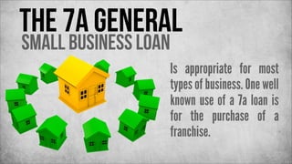 The 7a General
Small Business Loan

Is appropriate for most
types of business. One well
known use of a 7a loan is
for the purchase of a
franchise.

 