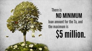 There is

no minimum

loan amount for the 7a, and
the maximum is

$5 million.

 