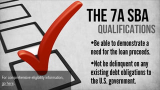 The 7a SBA

Qualifications

•Be able to demonstrate a

For comprehensive eligibility information,
go here.

need for the loan proceeds.
•Not be delinquent on any
existing debt obligations to
the U.S. government.

 