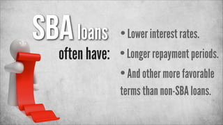 SBA loans

• Lower interest rates.
often have: • Longer repayment periods.
• And other more favorable
terms than non-SBA loans.

 