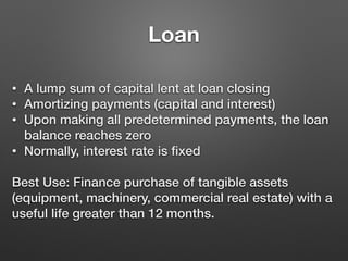 Line of Credit
• Partial draws of capital at borrower request
• Typically, only pay interest on funds used
• As long as th...