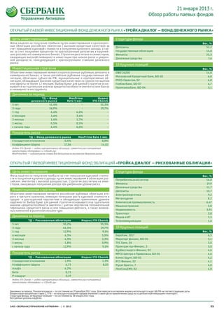21 января 2013 г.
                                                                                                                        Обзор работы паевых фондов


ОТКРЫТЫЙ ПАЕВОЙ ИНВЕСТИЦИОННЫЙ ФОНД ДЕНЕЖНОГО РЫНКА «ТРОЙКА ДИАЛОГ – ФОНД ДЕНЕЖНОГО РЫНКА»

 Цель инвес тирования                                                                       Структура фонда
Фонд нацелен на получение прибыли путем инвестирования в краткосроч-                                                                                            Вес, %
ные облигации российских эмитентов с высоким кредитным качеством за                         Депозиты                                                              52,2
счет повышения курсовой стоимости и получения купонного дохода, а так-
же за счет получения процентов по краткосрочным депозитам в крупней-                        Государственные облигации                                             14,8
ших российских коммерческих банках. Стратегия рассчитана на инвесторов,                     Финансы                                                               25,3
ожидающих высокой ликвидности инвестиции при низком риске и умерен-                         Денежные средства                                                      7,6
ной доходности, конкурирующей с краткосрочными ставками денежного
рынка.
                                                                                            10 Крупных позиций
 Инвестиционная стратегия                                                                                                                                       Вес, %
Объектами инвестирования являются краткосрочные рублевые депозиты в                         ОФЗ 26200                                                             14,8
коммерческих банках, а также российские рублевые государственные об-                        Московский Кредитный банк, БО-02                                       6,8
лигации, облигации субъектов РФ, муниципальные и корпоративные об-
лигации, обладающие высоким кредитным качеством со сроком погашения                         РЕСО-Гарантия, 02                                                      6,8
или оферты не более 12 месяцев. Выбор бумаг для данной стратегии осно-                      Глобэксбанк, БО-07                                                     6,7
вывается на тщательном анализе кредитоспособности эмитента (или банка)                      Промсвязьбанк, БО-04                                                   5,1
и ликвидности инструмента.
 Динамика за период
                     ТД – Фонд                    MosPrime                 Индекс
               денежного рынка                   Rate 1 мес.           IFX-Cbonds
 5 лет                    41,4%                             -               55,3%
 3 года                   26,9%                             -               29,7%
 1 год                     6,4%                         6,6%                     -
 6 месяцев                 3,4%                         3,4%                     -
 3 месяца                  1,6%                         1,7%                     -
 1 месяц                   0,5%                         0,5%                     -
 с начала года             6,4%                         6,6%                     -

 Показатель риска
             ТД – Фонд денежного рынка                     MosPrime Rate 1 мес.
 Стандартное отклонение           0,4%                                     0,0%
 Коэффициент Шарпа                17,06                                   14,82
 Индекс IFX-Cbonds — индекс корпоративных облигаций, совместно рассчитываемый
 агентствами «Интерфакс» и «Сбондс.ру»
 MosPrime Rate — индикативная ставка для депозитов на московском денежном рынке



ОТКРЫТЫЙ ПАЕВОЙ ИНВЕСТИЦИОННЫЙ ФОНД ОБЛИГАЦИЙ «ТРОЙКА ДИАЛОГ – РИСКОВАННЫЕ ОБЛИГАЦИИ»

 Цель инвес тирования                                                                       Структура фонда
Фонд нацелен на получение прибыли за счет повышения курсовой стоимо-                                                                                            Вес, %
сти и получения купонного дохода путем инвестирования в облигации рос-
                                                                                            Потребительский сектор                                                16,0
сийских эмитентов с высокой доходностью. Стратегия рассчитана на инве-
сторов, ожидающих получения дохода при умеренном уровне риска.                              Финансы                                                               19,9
                                                                                            Денежные средства                                                     11,7
 Инвестиционная стратегия                                                                   Депозиты                                                              10,7
Объектами инвестирования являются российские рублевые облигации вто-                        Электроэнергетика                                                      9,2
рого и третьего эшелонов, имеющие потенциал роста курсовой стоимости в
средне- и долгосрочной перспективе и обладающие приемлемым уровнем                          Металлургия                                                            8,2
надёжности. Выбор бумаг для данной стратегии основывается на тщательном                     Химическая промышленность                                             6,47
анализе кредитоспособности эмитента с учетом перспектив положительной                       Машиностроение                                                         5,0
переоценки кредитного риска и/или повышения рейтинга, а также возмож-
ных изменений в рыночной конъюнктуре.                                                       Недвижимость                                                          3,95
                                                                                            Транспорт                                                              3,8
 Динамика за период                                                                         Медиа и ИТ                                                             3,5
             ТД – Рискованные облигации                       Индекс IFX-Cbonds             Телекоммуникации                                                       1,6
 5 лет                            50,2%                                   55,3%
 3 года                           44,3%                                   29,7%             10 Крупных позиций
 1 год                            12,9%                                    9,1%                                                                                 Вес, %
 6 месяцев                         6,3%                                    5,0%             ЕвроХим, 2017                                                          6,5
 3 месяца                          4,3%                                    2,3%             Мираторг финанс, БО-01                                                 5,1
 1 месяц                           1,8%                                    0,9%             ТКС Банк, 04                                                           5,0
 с начала года                    12,9%                                    9,1%             Промтрактор-Финанс, 3                                                  5,0
                                                                                            Кузбассэнерго-Финанс, 02                                               4,6
 Показатель риска                                                                           МРСК Центра и Приволжья, БО-01                                         4,6
            ТД – Рискованные облигации                        Индекс IFX-Cbonds             Комос Групп, БО-01                                                     4,2
 Стандартное отклонение           1,9%                                     1,1%             РСГ-Финанс, 02                                                         4,1
 Коэффициент Шарпа                 6,73                                     8,03            Русал Братск, 7                                                        4,0
 Альфа                            6,2%                                                      ЛенСпецСМУ, 02                                                         4,0
 Бета                              0,73
 Р-квадрат                         0,19
 Индекс IFX-Cbonds — индекс корпоративных облигаций, совместно рассчитываемый
 агентствами «Интерфакс» и «Сбондс.ру»


Динамика за период, Показатели риска – по состоянию на 29 декабря 2012 года. Для пересчета котировок индекса используется курс ЦБ РФ на соответствующие даты.
Безрисковая процентная ставка 2,77% – используется среднее годовое значение ставки ЦБ по привлечению средств по депозитным операциям «overnight».
Структура фонда, 10 Крупных позиций – по состоянию на 18 января 2013 года.
Все данные указаны в рублях.


ЗАО «СБЕРБАНК УПРАВЛЕНИЕ АКТИВАМИ» | © 2013                                                                                                                          11
 