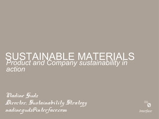 SUSTAINABLE MATERIALS
Product and Company sustainability in
action


Nadine Gudz
Director, Sustainability Strategy
nadine.gudz@interface.com
 