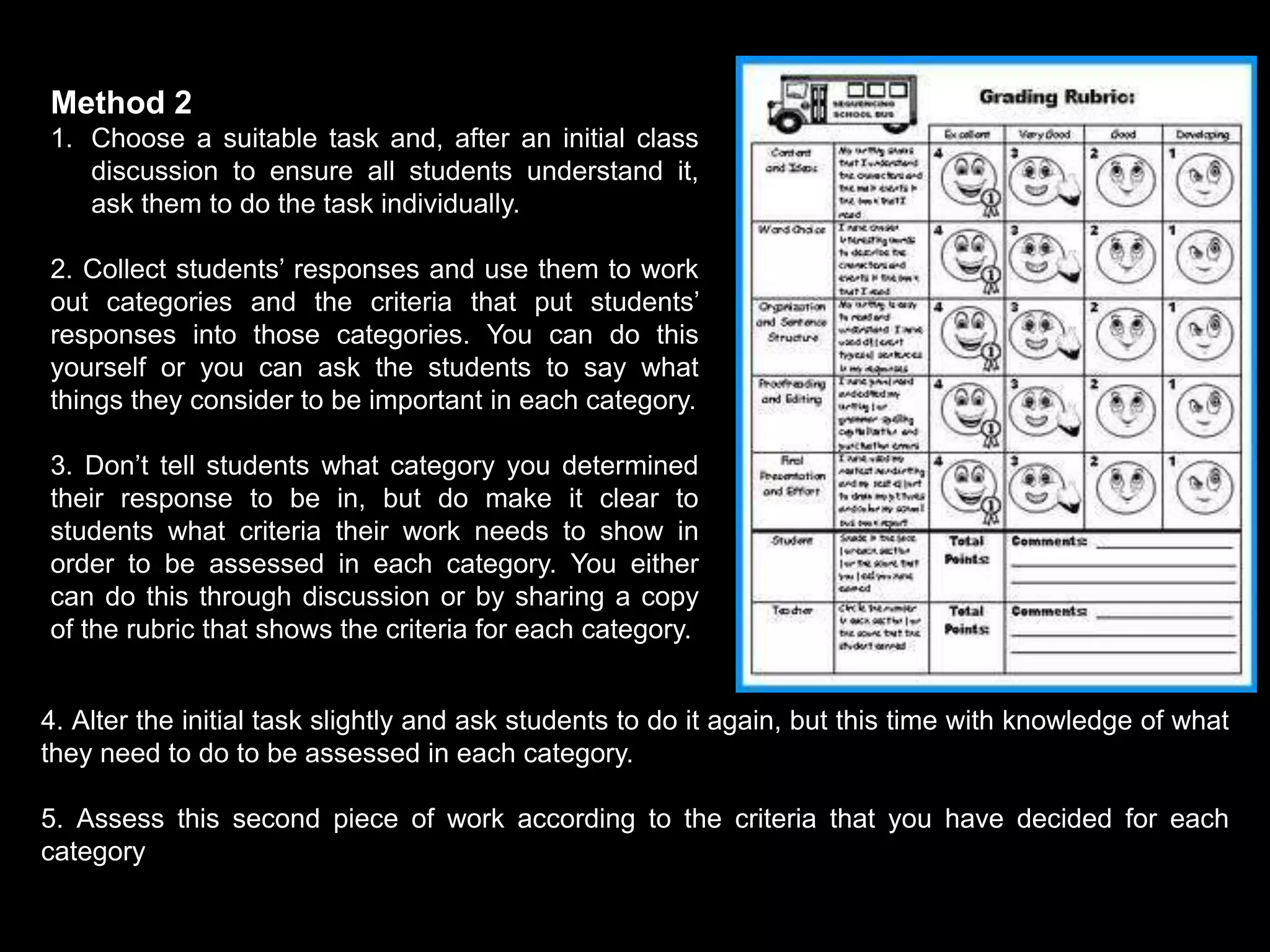 Method 2
1. Choose a suitable task and, after an initial class
discussion to ensure all students understand it,
ask them to do the task individually.
2. Collect students’ responses and use them to work
out categories and the criteria that put students’
responses into those categories. You can do this
yourself or you can ask the students to say what
things they consider to be important in each category.
3. Don’t tell students what category you determined
their response to be in, but do make it clear to
students what criteria their work needs to show in
order to be assessed in each category. You either
can do this through discussion or by sharing a copy
of the rubric that shows the criteria for each category.
4. Alter the initial task slightly and ask students to do it again, but this time with knowledge of what
they need to do to be assessed in each category.
5. Assess this second piece of work according to the criteria that you have decided for each
category
 