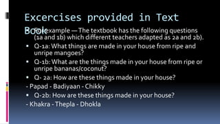 Excercises provided in Text
Book For example —The textbook has the following questions
(1a and 1b) which different teachers adapted as 2a and 2b).
 Q-1a:What things are made in your house from ripe and
unripe mangoes?
 Q-1b:What are the things made in your house from ripe or
unripe bananas/coconut?
 Q- 2a: How are these things made in your house?
- Papad - Badiyaan - Chikky
 Q-2b: How are these things made in your house?
- Khakra -Thepla - Dhokla
 
