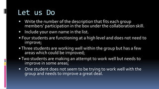 Let us Do
 Write the number of the description that fits each group
members’ participation in the box under the collaboration skill.
 Include your own name in the list.
• Four students are functioning at a high level and does not need to
improve;
•Three students are working well within the group but has a few
areas which could be improved;
•Two students are making an attempt to work well but needs to
improve in some areas;
 One student does not seem to be trying to work well with the
group and needs to improve a great deal.
 