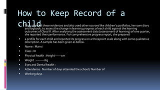 How to Keep Record of a
child She collected these evidences and also used other sources like children’s portfolios, her own diary
and logbook, to assess the change in learning progress of each child against the learning
outcomes of Class III. After analysing the assessment data (assessment of learning) of one quarter,
she reported their performance. For comprehensive progress report, she prepared
 a profile for each child and reported its progress on a threepoint scale along with some qualitative
description. A sample has been given as below.
 Name : Manvi
 Class : III
 Physical health : Height------cm
 Weight : --------Kg
 Eyes and Dental health :
 Attendance : Number of days attended the school / Number of
 Working days
 