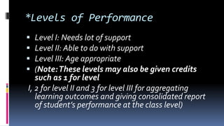 *Levels of Performance
 Level I: Needs lot of support
 Level II: Able to do with support
 Level III: Age appropriate
 (Note:These levels may also be given credits
such as 1 for level
I, 2 for level II and 3 for level III for aggregating
learning outcomes and giving consolidated report
of student’s performance at the class level)
 