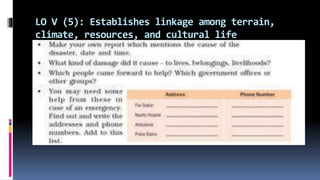 LO V (5): Establishes linkage among terrain,
climate, resources, and cultural life
 