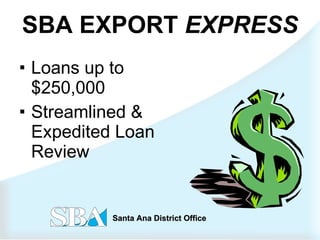 SBA EXPORT  EXPRESS Loans up to $250,000 Streamlined & Expedited Loan Review 