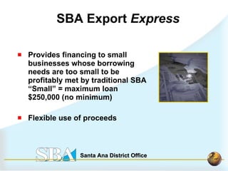 Provides financing to small businesses whose borrowing needs are too small to be profitably met by traditional SBA “Small” = maximum loan $250,000 (no minimum) Flexible use of proceeds SBA Export  Express 