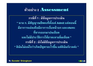 ตัวอย่างตัวอย่าง :: AssessmentAssessment
กรณีทีกรณีที 11 :: มีข้อมูลการประเมินมีข้อมูลการประเมิน
““ นาย กนาย ก.. มีสัญญาณชีพคงทีตังแต่มีสัญญาณชีพคงทีตังแต่ AdmitAdmit แต่ตอนนีแต่ตอนนี
มีอาการแย่ลงคือมีอาการเจ็บหน้าอก และเสมหะมีอาการแย่ลงคือมีอาการเจ็บหน้าอก และเสมหะ
ทีขากออกมาปนเลือดทีขากออกมาปนเลือด
และไม่มีประวัติการให้ยาละลายลิมเลือดและไม่มีประวัติการให้ยาละลายลิมเลือด ””
กรณีทีกรณีที 22 :: ยังไม่มีข้อมูลการประเมินยังไม่มีข้อมูลการประเมิน
““ ดิฉันไม่แน่ใจว่าเกิดปัญหาอะไรขึน แต่ดิฉันกังวลค่ะดิฉันไม่แน่ใจว่าเกิดปัญหาอะไรขึน แต่ดิฉันกังวลค่ะ””
SSBBAARRfbfb ::SuradetSuradet SriangkoonSriangkoon
 