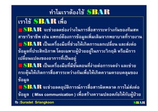 ทําไมเราต้องใช้ทําไมเราต้องใช้ SSBBAARR
เราใช้เราใช้ SSBBAARR เพือเพือ
SSBBAARR จะช่วยลดจะช่วยลดช่องว่างในการสือสารระหว่างกันของช่องว่างในการสือสารระหว่างกันของทีมสหทีมสห
สาขาวิชาชีพ เช่น แพทย์ต้องการข้อมูลเพิมเติมจากพยาบาลทีรายงานสาขาวิชาชีพ เช่น แพทย์ต้องการข้อมูลเพิมเติมจากพยาบาลทีรายงาน
SSBBAARR เป็นเครืองมือทีช่วยให้เกิดการแลกเปลียน และส่งต่อเป็นเครืองมือทีช่วยให้เกิดการแลกเปลียน และส่งต่อ
ข้อมูลทีประสิทธิภาพ โดยเฉพาะผู้ป่วยอยู่ในภาวะวิกฤติ หรือมีการข้อมูลทีประสิทธิภาพ โดยเฉพาะผู้ป่วยอยู่ในภาวะวิกฤติ หรือมีการ
เปลียนแปลงของอาการทีเป็นอยู่เปลียนแปลงของอาการทีเป็นอยู่
SSBBAARR เป็นเครืองมือทีมีขันตอนทีง่ายต่อการจดจํา และช่วยเป็นเครืองมือทีมีขันตอนทีง่ายต่อการจดจํา และช่วย
กระตุ้นให้เกิดการสือสารระหว่างกันเพือให้เกิดความครอบคลุมของกระตุ้นให้เกิดการสือสารระหว่างกันเพือให้เกิดความครอบคลุมของ
ข้อมูลข้อมูล
SSBBAARR จะช่วยลดอุบัติการณ์การสือสารผิดพลาด การไม่ส่งต่อจะช่วยลดอุบัติการณ์การสือสารผิดพลาด การไม่ส่งต่อ
ข้อมูลข้อมูล ( Miss communication )( Miss communication ) เพือสร้างความปลอดภัยให้กับผู้ป่วยเพือสร้างความปลอดภัยให้กับผู้ป่วย
SSBBAARRfbfb ::SuradetSuradet SriangkoonSriangkoon
 