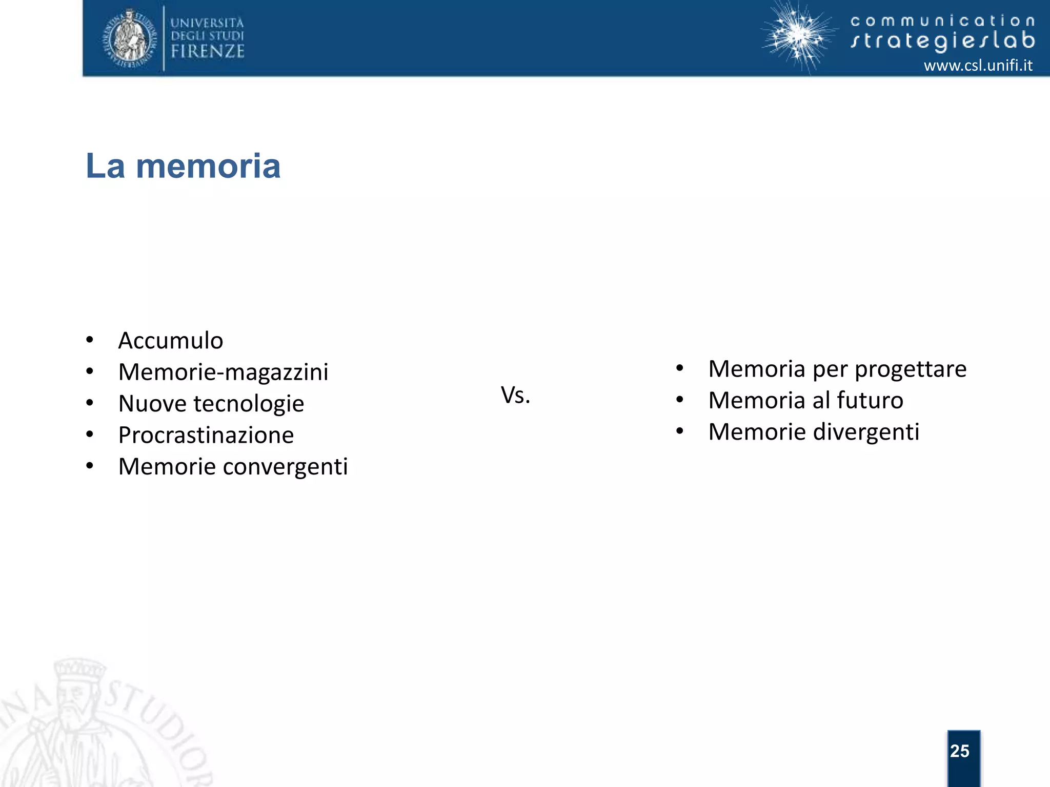 25 
La memoria 
www.csl.unifi.it 
• Accumulo 
• Memorie-magazzini 
• Nuove tecnologie 
• Procrastinazione 
• Memorie convergenti 
• Memoria per progettare 
• Memoria al futuro 
• Memorie divergenti 
Vs. 
 