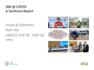 SBA	
  @	
  COP20	
  
A	
  Synthesis	
  Report	
  
Issues	
  &	
  Outcomes	
  	
  
from	
  the	
  	
  
UNFCCC	
  COP	
  20	
  -­‐	
  CMP	
  10,	
  
Lima	
  
	
  
	
  
	
  
	
  
	
  
	
  
	
  
	
  
	
  
	
  
	
  
	
  
	
  
	
  
	
  
	
  
	
   Sustainable Business Australia
	
  
	
  
 
