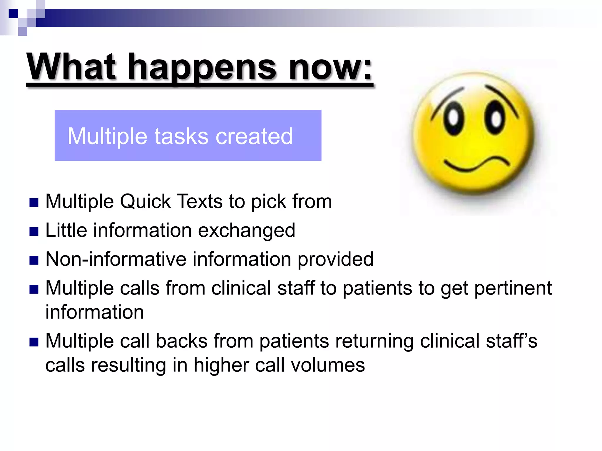 Why do we Need SBAR?Situation: poor communication = errors/call backs from clinical and clerical staff to get more information (phone tag)Background:Training on communication styles varyHierarchy - lack of assertivenessDistractions - missing informationAssessment: we need a new communication style that all healthcare professionals can useRecommendation: SBAR is a simple tool that is shown to effectively improved communication that will decrease error and has been effectively applied to healthcare