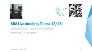 44
SBA Live Academy Thema 12/25
Cyber Resilience – Failure is not an option
Simon Tjoa (FH St. Pölten)
SBA Research gGmbH,...