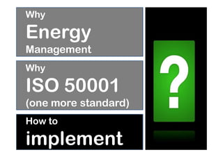 Why
                      Inspiring Excellence




Energy
Management
Why

ISO 50001
(one more standard)
How to

implement
 