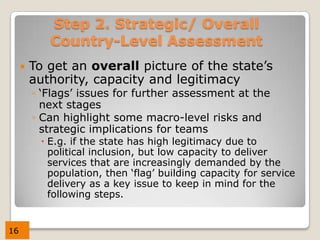 Step 2. Strategic/ Overall
            Country-Level Assessment
        To get an overall picture of the state’s
         authority, capacity and legitimacy
         ◦ ‘Flags’ issues for further assessment at the
           next stages
         ◦ Can highlight some macro-level risks and
           strategic implications for teams
           E.g. if the state has high legitimacy due to
            political inclusion, but low capacity to deliver
            services that are increasingly demanded by the
            population, then ‘flag’ building capacity for service
            delivery as a key issue to keep in mind for the
            following steps.


16
 