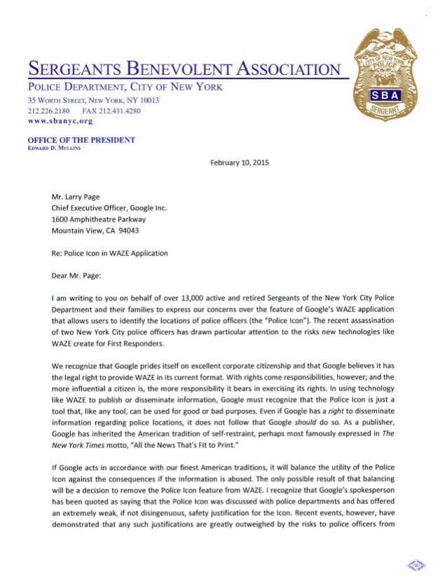 mullins sba official letter to the ceo of google on the waze app official letter