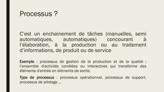 Processus ?
C’est un enchainement de tâches (manuelles, semi
automatiques, automatiques) concourant à
l’élaboration, à la production ou au traitement
d’informations, de produit ou de service
Exemple : processus de gestion de la production et de la qualité :
l’ensemble d'activités corrélées ou interactives qui transforme des
éléments d'entrée en éléments de sortie.
Type de processus : processus opérationnel, processus de support,
processus de pilotage …
 