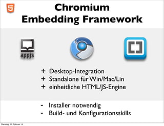 Chromium
Embedding Framework

+
+
+
Dienstag, 11. Februar 14

Desktop-Integration
Standalone für Win/Mac/Lin
einheitliche HTML/JS-Engine
Installer notwendig
Build- und Konﬁgurationsskills

 