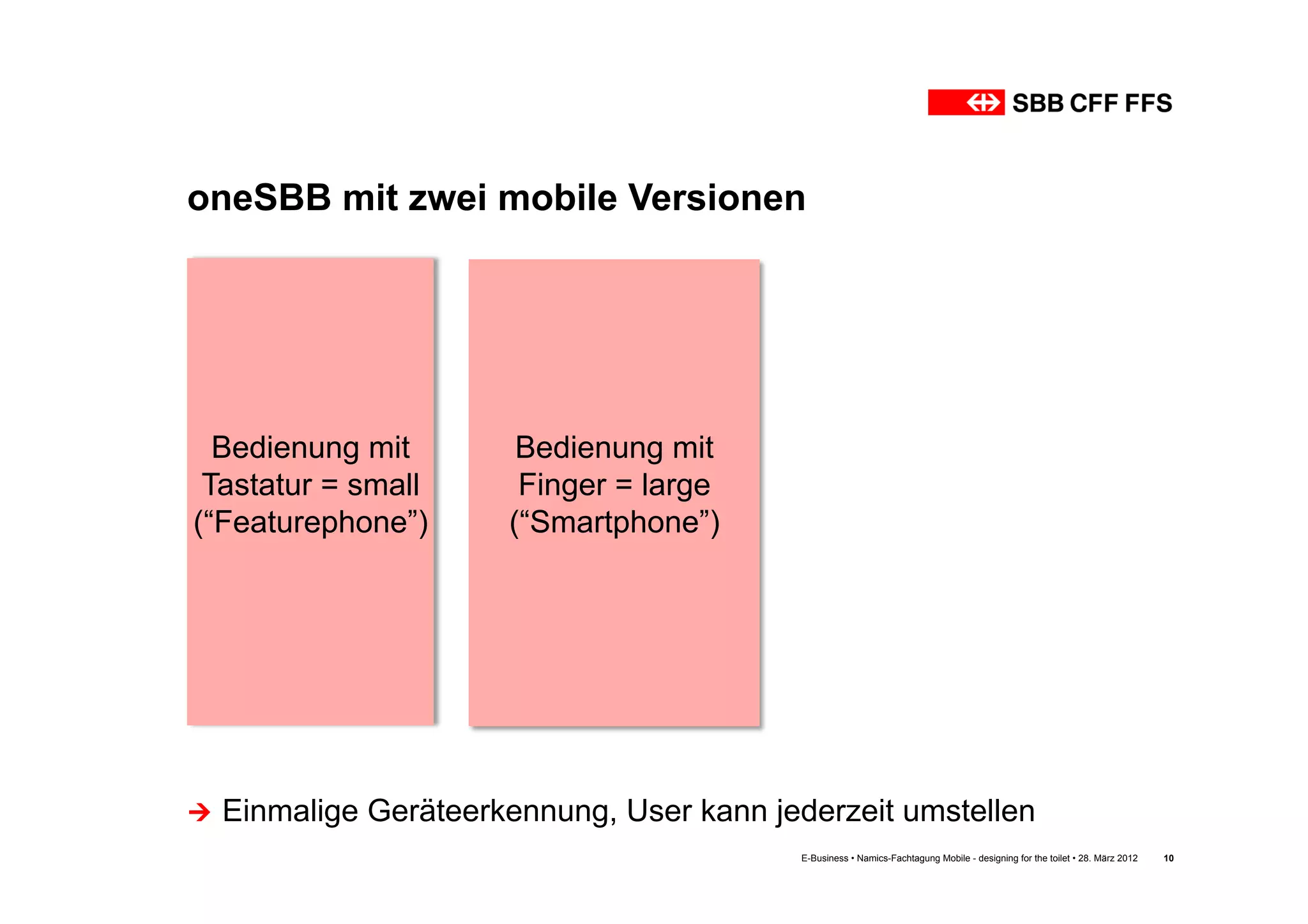 oneSBB mit zwei mobile Versionen




  Bedienung mit           Bedienung mit
 Tastatur = small         Finger = large
(“Featurephone”)         (“Smartphone”)




Ú  Einmalige   Geräteerkennung, User kann jederzeit umstellen
                                             E-Business • Namics-Fachtagung Mobile - designing for the toilet • 28. März 2012   10
 