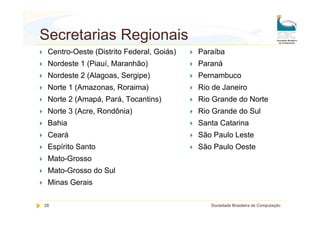 Secretarias Regionais
 Centro-Oeste (Distrito Federal, Goiás)   Paraíba
 Nordeste 1 (Piauí, Maranhão)             Paraná
 Nordeste 2 (Alagoas, Sergipe)            Pernambuco
 Norte 1 (Amazonas, Roraima)              Rio de Janeiro
 Norte 2 (Amapá, Pará, Tocantins)         Rio Grande do Norte
 Norte 3 (Acre, Rondônia)                 Rio Grande do Sul
 Bahia                                    Santa Catarina
 Ceará                                    São Paulo Leste
 Espírito Santo                           São Paulo Oeste
 Mato-Grosso
 Mato-Grosso do Sul
 Minas Gerais

28                                           Sociedade Brasileira de Computação
 