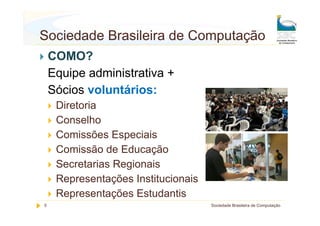 Sociedade Brasileira de Computação
    COMO?
    Equipe administrativa +
    Sócios voluntários:
     Diretoria
     Conselho
     Comissões Especiais
     Comissão de Educação
     Secretarias Regionais
     Representações Institucionais
     Representações Estudantis
5                                    Sociedade Brasileira de Computação
 