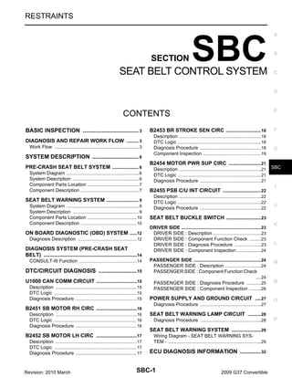 SBC-1
RESTRAINTS
C
D
E
F
G
I
J
K
L
M
SECTION SBC
A
B
SBC
N
O
P
CONTENTS
SEAT BELT CONTROL SYSTEM
BASIC INSPECTION ................................
.... 3
DIAGNOSIS AND REPAIR WORK FLOW ....
..... 3
Work Flow ...........................................................
......3
SYSTEM DESCRIPTION ..........................
.... 6
PRE-CRASH SEAT BELT SYSTEM ..............
..... 6
System Diagram ..................................................
......6
System Description .............................................
......6
Component Parts Location ..................................
......7
Component Description .......................................
......7
SEAT BELT WARNING SYSTEM ..................
..... 9
System Diagram ..................................................
......9
System Description .............................................
......9
Component Parts Location ..................................
....10
Component Description .......................................
....10
ON BOARD DIAGNOSTIC (OBD) SYSTEM ..
....12
Diagnosis Description .........................................
....12
DIAGNOSIS SYSTEM (PRE-CRASH SEAT
BELT) .............................................................
....14
CONSULT-III Function ........................................
....14
DTC/CIRCUIT DIAGNOSIS ......................
...15
U1000 CAN COMM CIRCUIT .........................
....15
Description ..........................................................
....15
DTC Logic ...........................................................
....15
Diagnosis Procedure ...........................................
....15
B2451 SB MOTOR RH CIRC .........................
....16
Description ..........................................................
....16
DTC Logic ...........................................................
....16
Diagnosis Procedure ...........................................
....16
B2452 SB MOTOR LH CIRC .........................
....17
Description ..........................................................
....17
DTC Logic ...........................................................
....17
Diagnosis Procedure ...........................................
....17
B2453 BR STROKE SEN CIRC ........................18
Description ...........................................................
....18
DTC Logic ............................................................
....18
Diagnosis Procedure ...........................................
....18
Component Inspection .........................................
....19
B2454 MOTOR PWR SUP CIRC ......................21
Description ...........................................................
....21
DTC Logic ............................................................
....21
Diagnosis Procedure ...........................................
....21
B2455 PSB C/U INT CIRCUIT ..........................22
Description ...........................................................
....22
DTC Logic ............................................................
....22
Diagnosis Procedure ...........................................
....22
SEAT BELT BUCKLE SWITCH ........................23
DRIVER SIDE .........................................................
....23
DRIVER SIDE : Description .................................
....23
DRIVER SIDE : Component Function Check ......
....23
DRIVER SIDE : Diagnosis Procedure .................
....23
DRIVER SIDE : Component Inspection ...............
....24
PASSENGER SIDE ................................................
....24
PASSENGER SIDE : Description ........................
....24
PASSENGER SIDE : Component Function Check
....24
PASSENGER SIDE : Diagnosis Procedure ........
....25
PASSENGER SIDE : Component Inspection ......
....26
POWER SUPPLY AND GROUND CIRCUIT ....27
Diagnosis Procedure ...........................................
....27
SEAT BELT WARNING LAMP CIRCUIT .........28
Diagnosis Procedure ...........................................
....28
SEAT BELT WARNING SYSTEM ....................29
Wiring Diagram - SEAT BELT WARNING SYS-
TEM - ...................................................................
....29
ECU DIAGNOSIS INFORMATION ...........
...32
Revision: 2010 March 2009 G37 Convertible
 