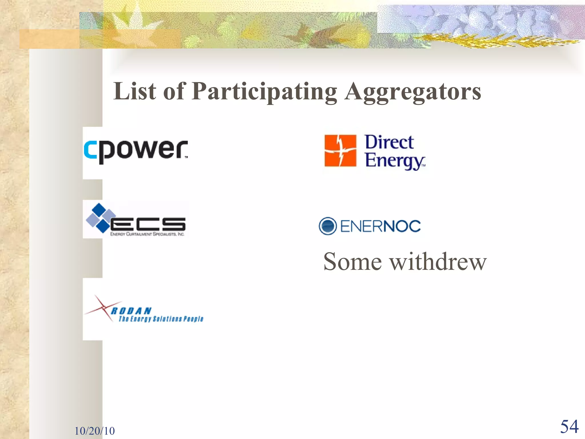 List of Participating Aggregators         Some withdrew     10/20/10 
