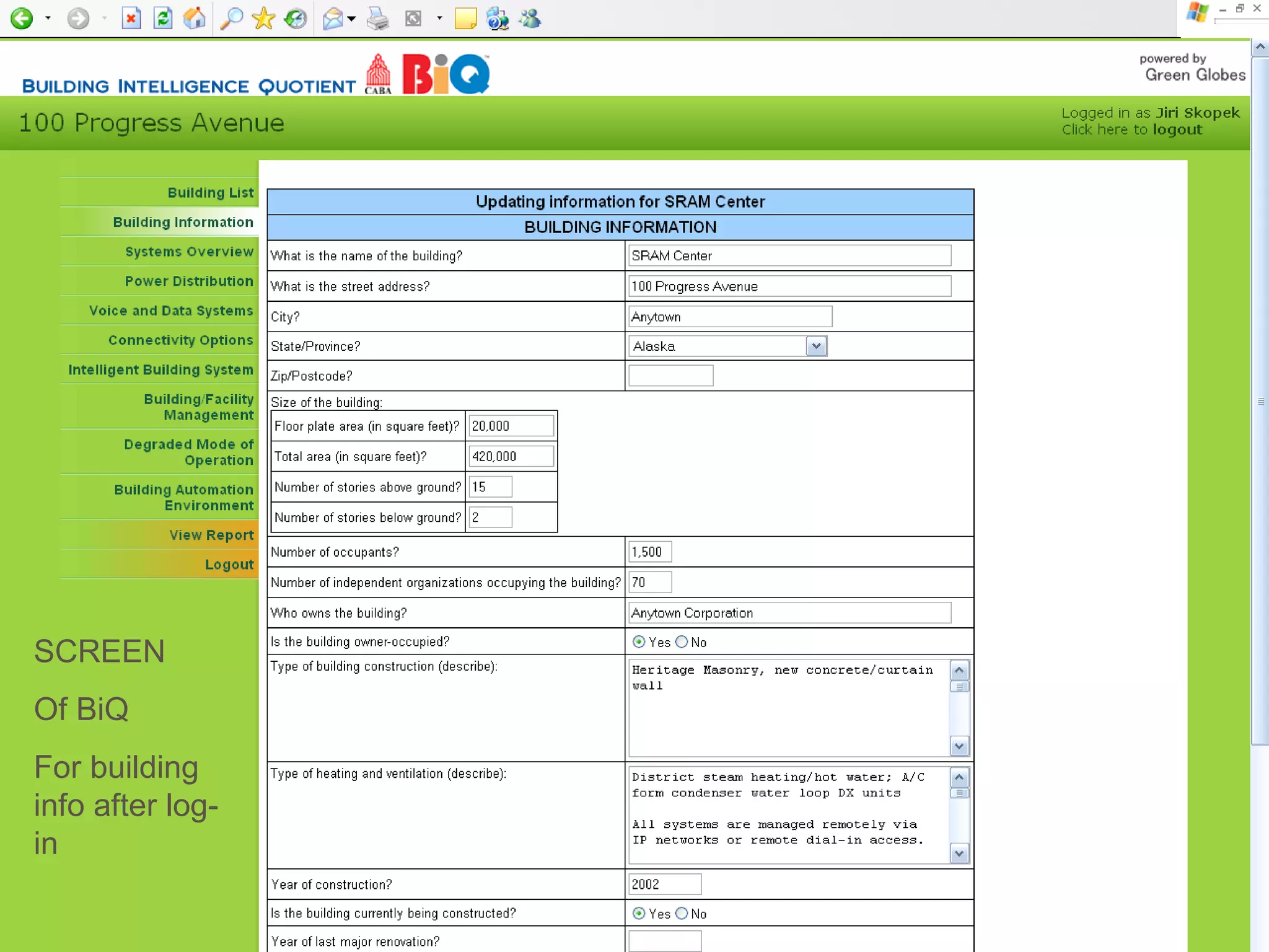 10/20/10 SCREEN Of BiQ For building info after log-in 